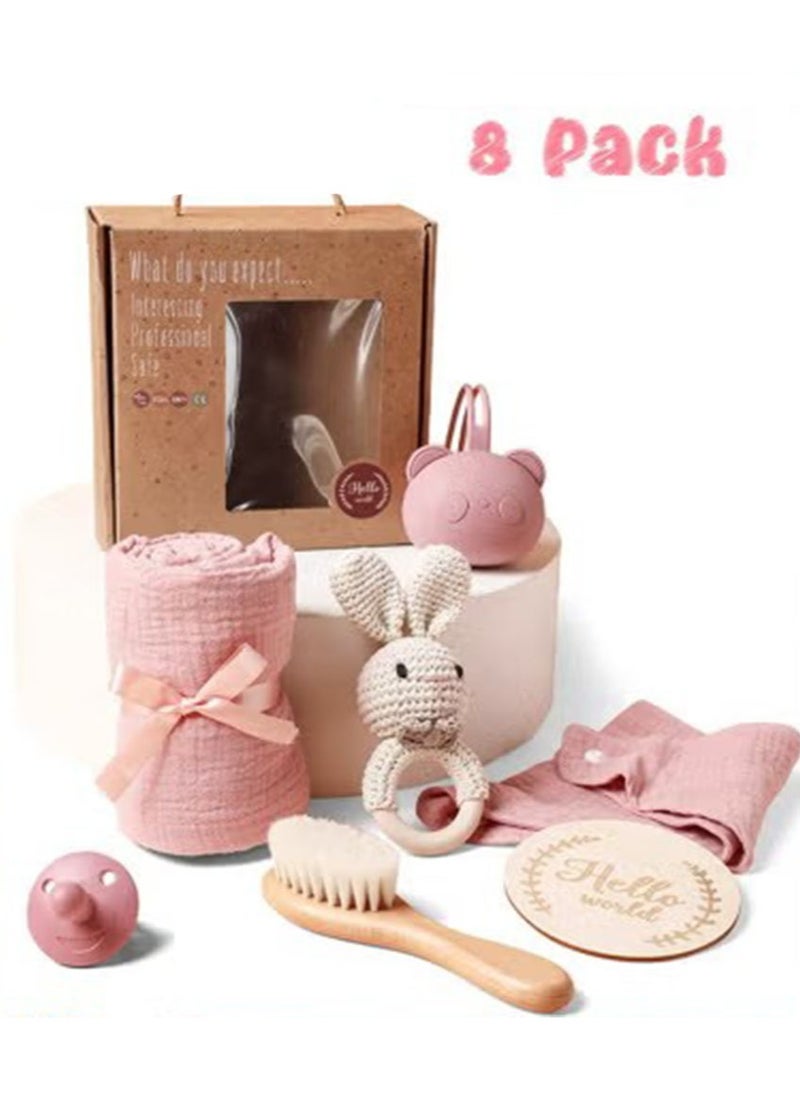 Gonice - 8 Pcs Baby Gift Set, New Mom Gifts with Muslin Blanket, Bib, Bunny Rattle Toy, Pacifier, Silicone Pacifier Case, Wooden Brush, Milestone Cards, Baby Gift Basket Great for Expecting Parents to Be, Gender Reveal, Baby Shower (Pink) - Image 1