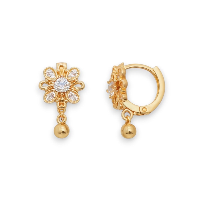 A delicate gold-plated earring featuring a sparkling flower design with dazzling stones that add elegance and radiance, completed with a small gold ball-shaped pendant. - Image 1