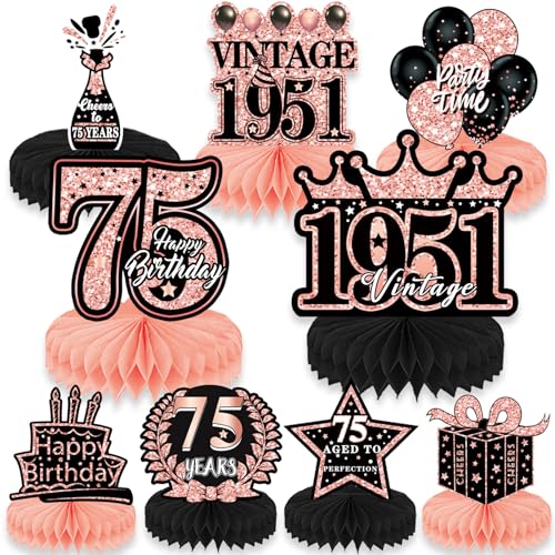 Refavor 75th Birthday Decorations Women 9PCS Rose Gold 75th Birthday Honeycomb Centerpieces Table Decorations Vintage 75 Years Bday Party Decor Supplies - Image 1
