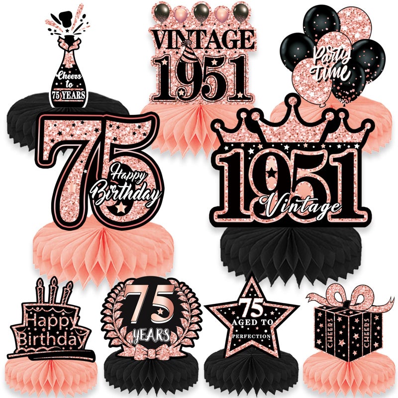 Refavor 75th Birthday Decorations Women 9PCS Rose Gold 75th Birthday Honeycomb Centerpieces Table Decorations Vintage 75 Years Bday Party Decor Supplies - Image 3