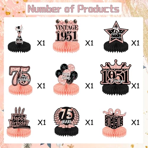 Refavor 75th Birthday Decorations Women 9PCS Rose Gold 75th Birthday Honeycomb Centerpieces Table Decorations Vintage 75 Years Bday Party Decor Supplies - Image 5