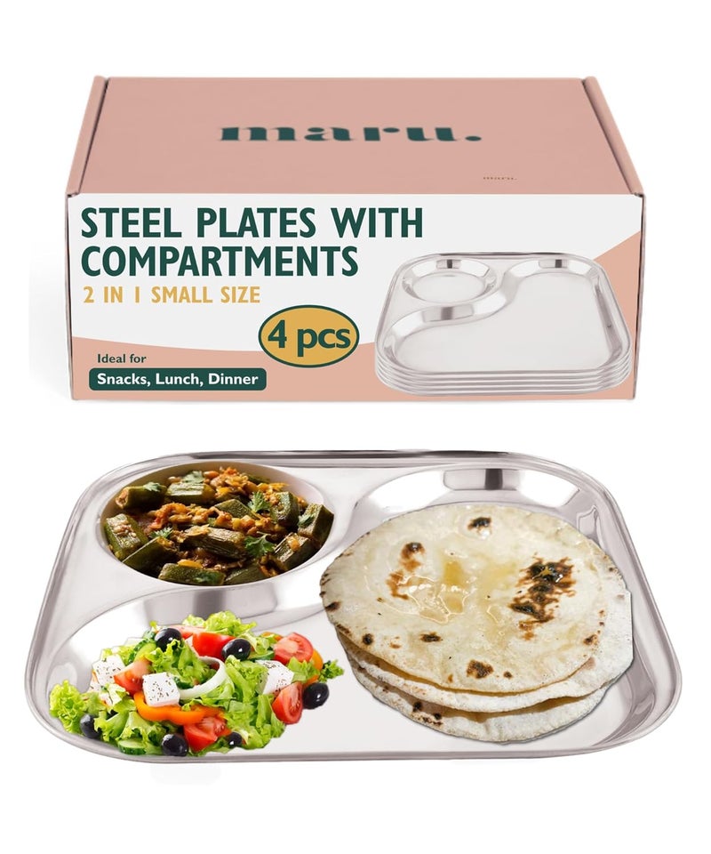 MARU Small Stainless Steel Snacks Plates with Compartments Set of 4 Durable Thali with 2in1 Compartment Section Ideal for Breakfast Snacks Small Meals - Image 1