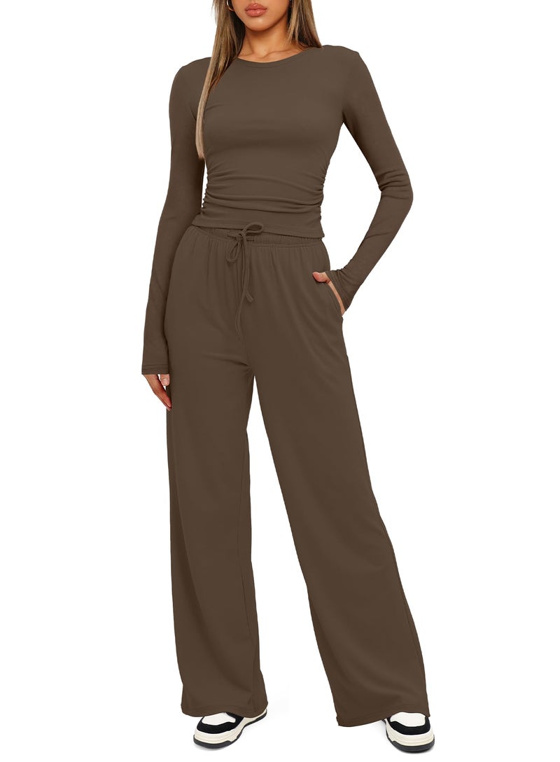 Darong Womens 2 Piece Sets Fall Outfits 2026 Fashion Two Piece Lounge Matching Set T Shirts Long Pants Tracksuit 9065A Khaki L - Image 3