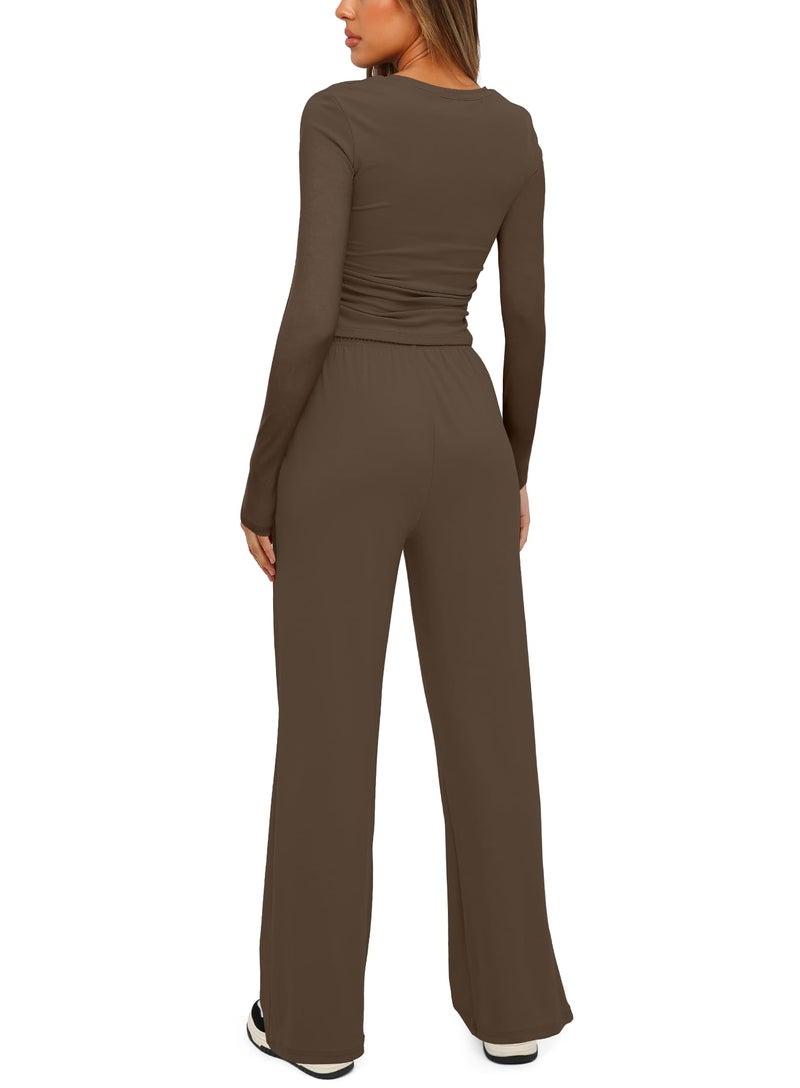 Darong Womens 2 Piece Sets Fall Outfits 2026 Fashion Two Piece Lounge Matching Set T Shirts Long Pants Tracksuit 9065A Khaki L - Image 2