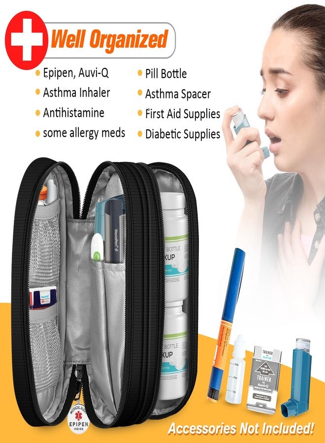 SITHON Double-Layer Epipen Carrying Case with Medical Alert Tag, Travel Medication Organizer Bag Pouch Holds 2 EpiPens, Asthma Inhaler, Anti-Histamine, Auvi-Q, Allergy Medicine Essentials (Black) - Image 2