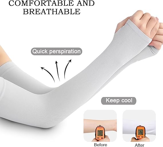 AZARIA Hand Gloves for Sun Protection Arm Sleeves for Men & Women, UPF 50 Arm Cover for Biking, Cricket, Cycling, Golf & Outdoor Sports, Arm Protection Sleeves for Women (White Color - 1 Pair) - Image 2