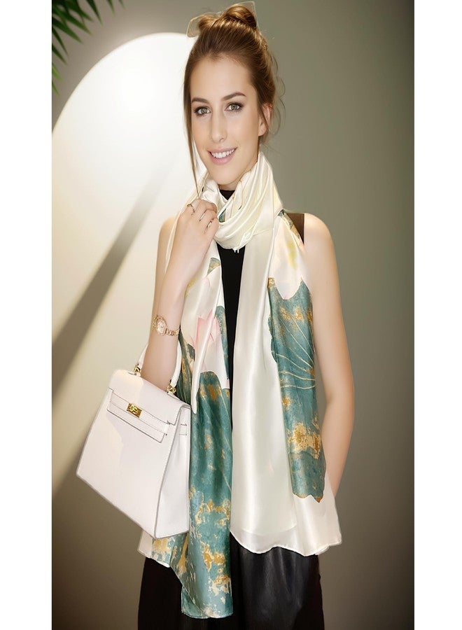 وشاح فيميت كبير من الساتان الحريري - وشاح صيفي أنيق وخفيف الوزن للنساء باللونين الأبيض والأخضر بنقشة الزهور، وشاح شاطئ مستطيل الشكل، مع عبوة هدايا (النمط 04) - Image 4
