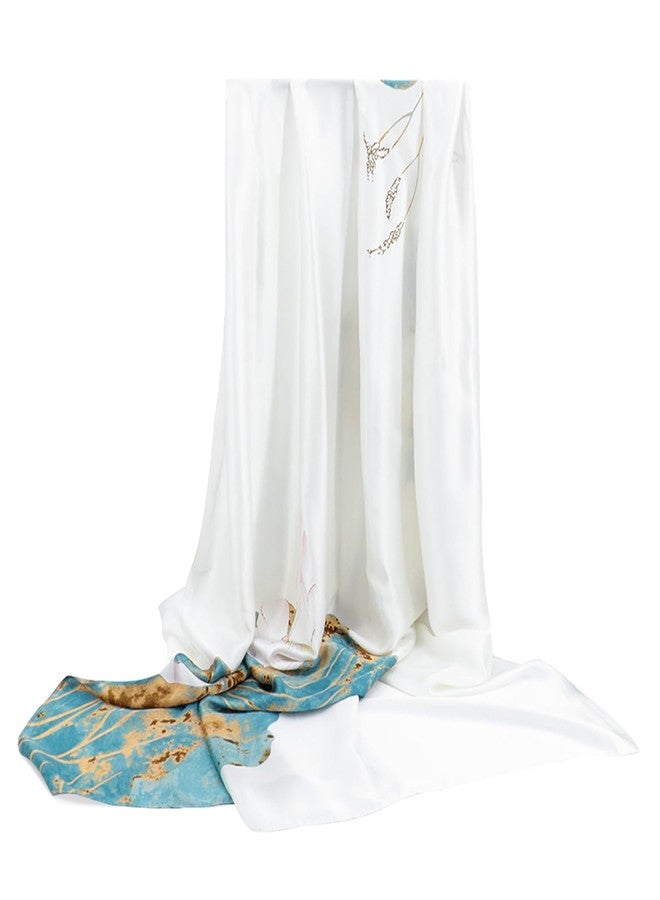 وشاح فيميت كبير من الساتان الحريري - وشاح صيفي أنيق وخفيف الوزن للنساء باللونين الأبيض والأخضر بنقشة الزهور، وشاح شاطئ مستطيل الشكل، مع عبوة هدايا (النمط 04) - Image 2