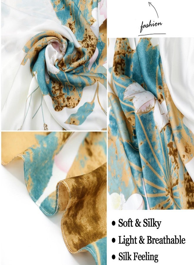 وشاح فيميت كبير من الساتان الحريري - وشاح صيفي أنيق وخفيف الوزن للنساء باللونين الأبيض والأخضر بنقشة الزهور، وشاح شاطئ مستطيل الشكل، مع عبوة هدايا (النمط 04) - Image 3