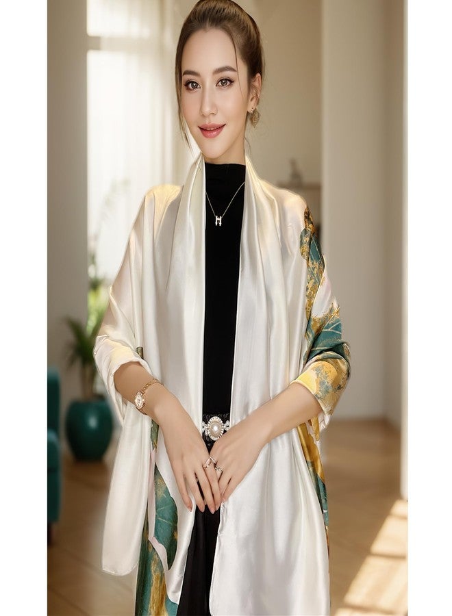 وشاح فيميت كبير من الساتان الحريري - وشاح صيفي أنيق وخفيف الوزن للنساء باللونين الأبيض والأخضر بنقشة الزهور، وشاح شاطئ مستطيل الشكل، مع عبوة هدايا (النمط 04) - Image 5