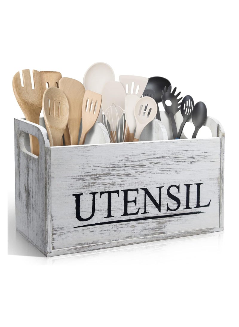 Cozy Nest Rustic Wooden Utensil Holder with 3 Compartments – Large Countertop Kitchen Utensil Organizer for Spatulas, Spoons, Whisks – Farmhouse Style Crock with Removable Cover – Easy to Clean & Drain - Image 1