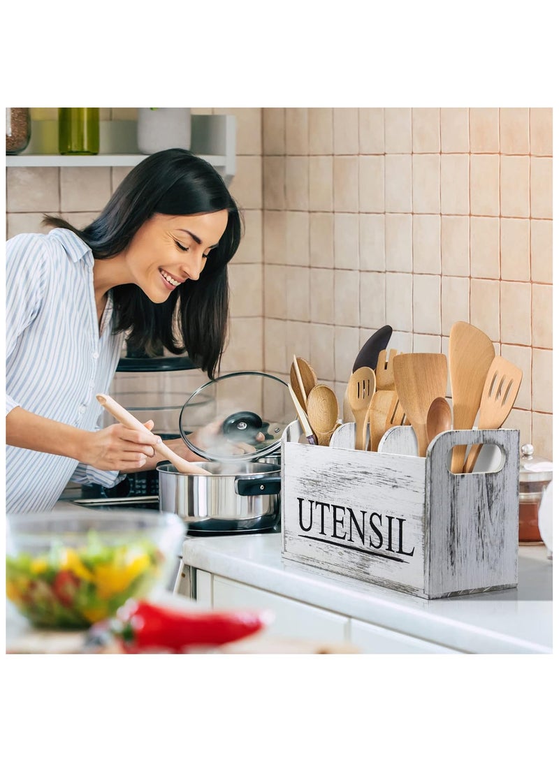 Cozy Nest Rustic Wooden Utensil Holder with 3 Compartments – Large Countertop Kitchen Utensil Organizer for Spatulas, Spoons, Whisks – Farmhouse Style Crock with Removable Cover – Easy to Clean & Drain - Image 2