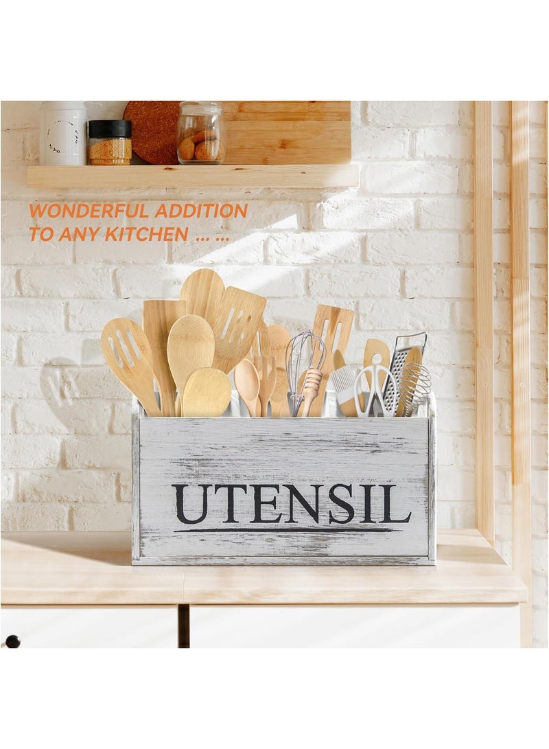 Cozy Nest Rustic Wooden Utensil Holder with 3 Compartments – Large Countertop Kitchen Utensil Organizer for Spatulas, Spoons, Whisks – Farmhouse Style Crock with Removable Cover – Easy to Clean & Drain - Image 3