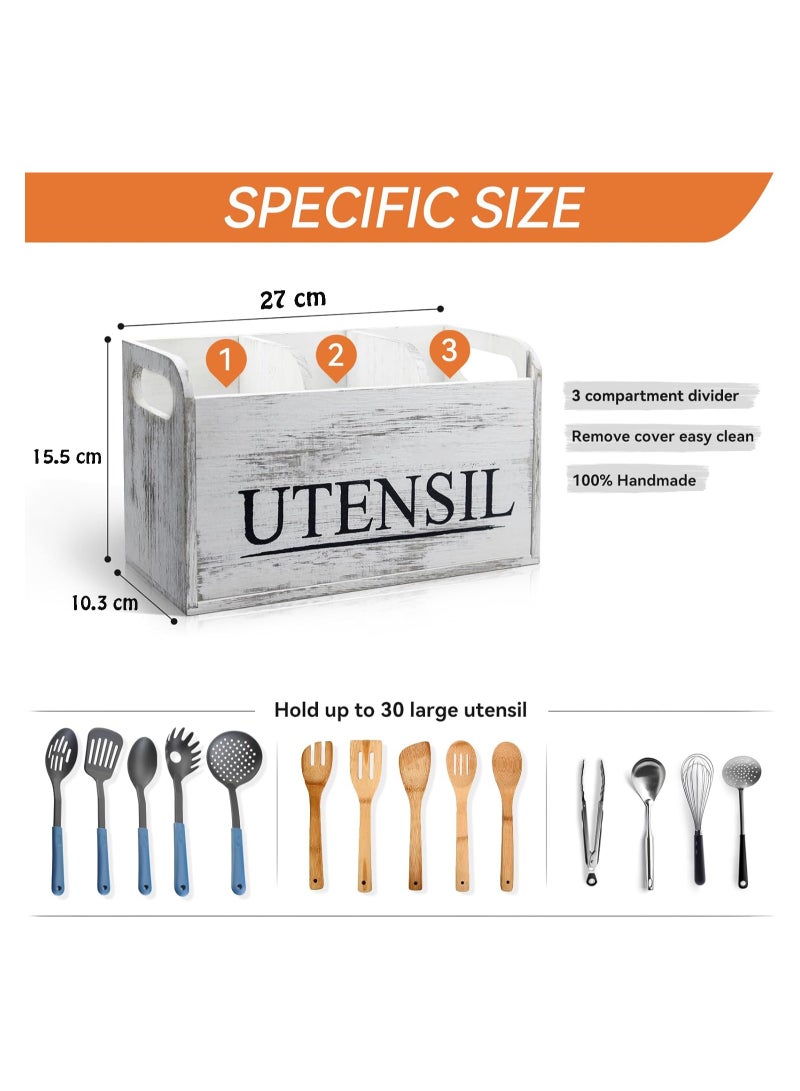 Cozy Nest Rustic Wooden Utensil Holder with 3 Compartments – Large Countertop Kitchen Utensil Organizer for Spatulas, Spoons, Whisks – Farmhouse Style Crock with Removable Cover – Easy to Clean & Drain - Image 4