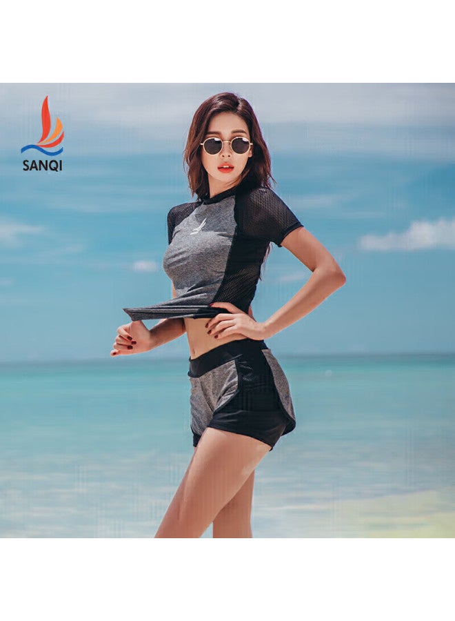 Sanqi Women's Conservative Swimsuit, Slimming, Tummy Control, Boyshort, Sports Two-piece, Plus Size Swimwear, 18073, Gray, Xxl - Image 1