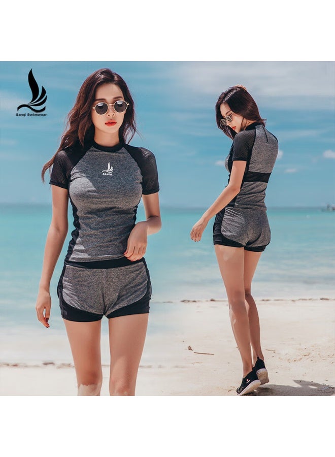 Sanqi Women's Conservative Swimsuit, Slimming, Tummy Control, Boyshort, Sports Two-piece, Plus Size Swimwear, 18073, Gray, Xxl - Image 2