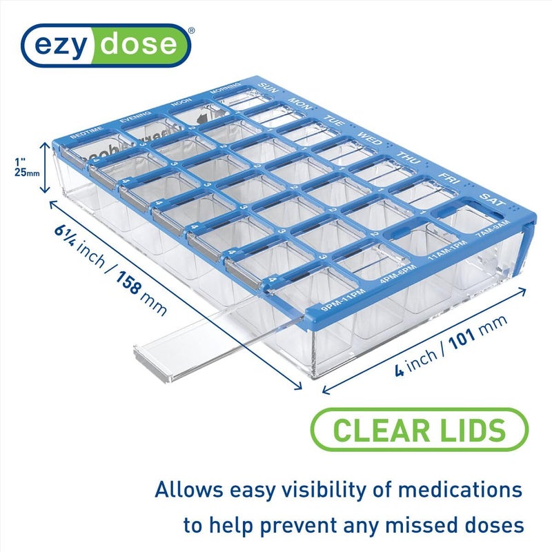 Ezy Dose Weekly (7-Day) Pill Case, Medicine Planner, Vitamin Organizer Box, Small Compartments with Easy Fill Tray, 4 Times a Day, Clear Lids, Color May Vary, BPA Free - Image 2