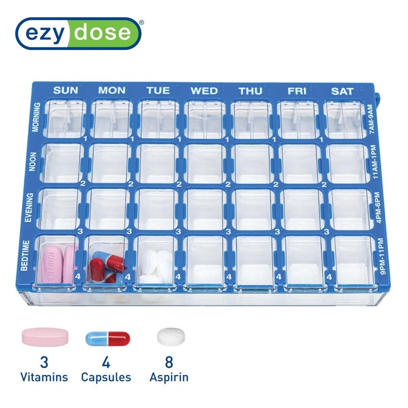 Ezy Dose Weekly (7-Day) Pill Case, Medicine Planner, Vitamin Organizer Box, Small Compartments with Easy Fill Tray, 4 Times a Day, Clear Lids, Color May Vary, BPA Free - Image 3