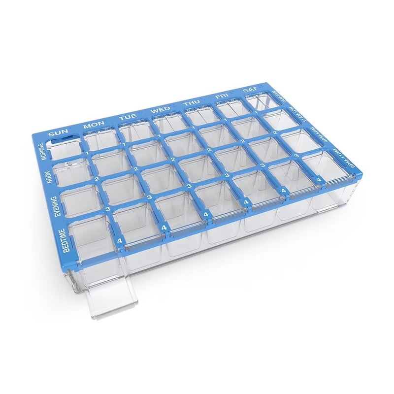 Ezy Dose Weekly (7-Day) Pill Case, Medicine Planner, Vitamin Organizer Box, Small Compartments with Easy Fill Tray, 4 Times a Day, Clear Lids, Color May Vary, BPA Free - Image 1
