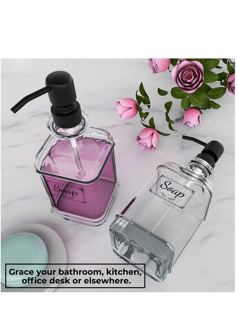 Y&D Soap Dispenser - 2 Pack, 18 Oz Antique Design Thick Glass Hand Dispensers, Refillable with 10Pcs Clear Stickers, Premium Kitchen & Bathroom Black - Image 2