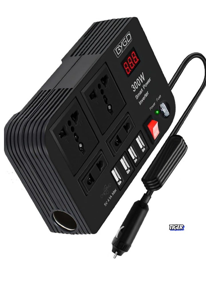 TIGER 300W Car Inverter, 12V to 220V Power Converter with 4 USB Ports, Universal Socket, Notebook Charging, Car Cigarette Lighter Adapter – Ideal for Travel, Road Trips & On-the-Go Power  - Image 1