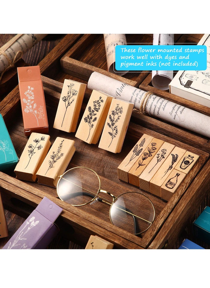 Excefore Vintage Wood Rubber Stamps, 16 Pieces Decorative Flower and Plant Wooden Mounted Stamp Set for DIY Crafting, Scrapbook, Painting, Letters Diary, Teaching, and Card Making  - Image 2