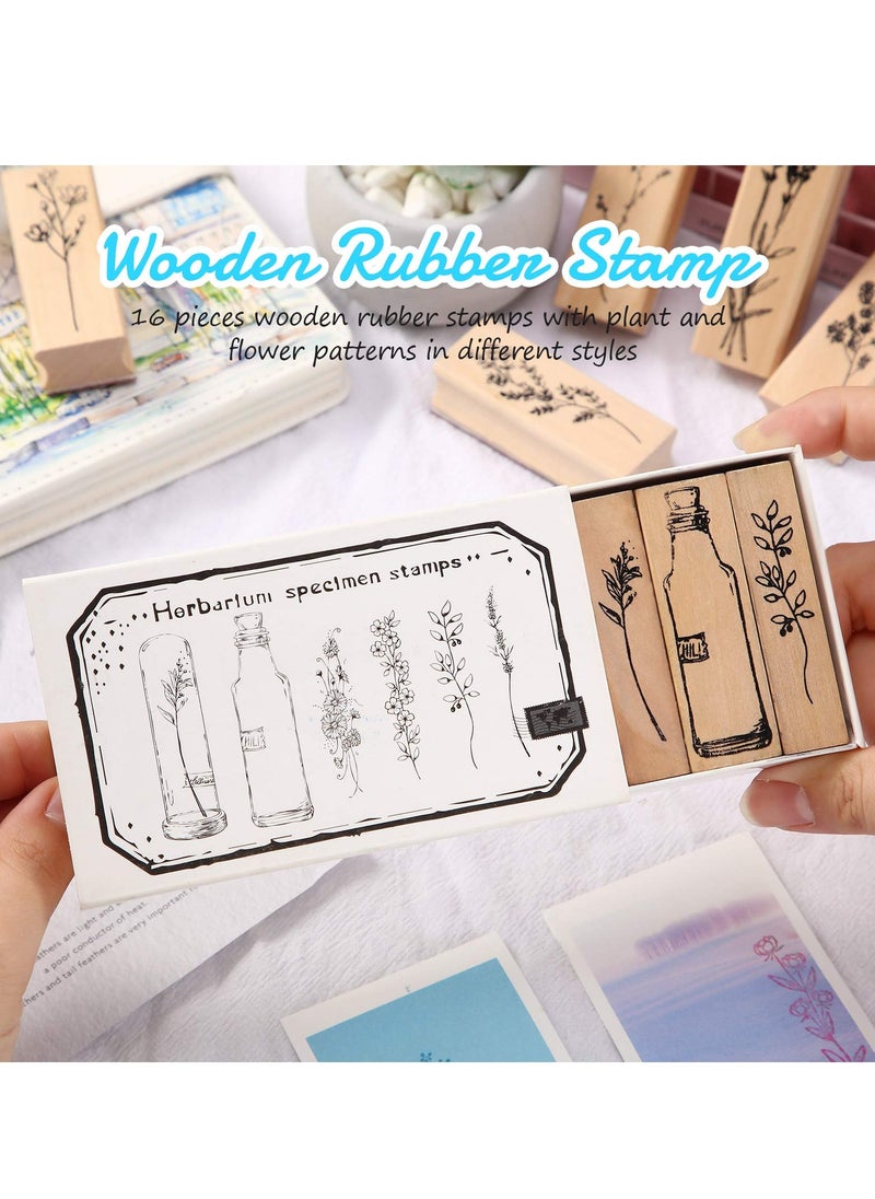 Excefore Vintage Wood Rubber Stamps, 16 Pieces Decorative Flower and Plant Wooden Mounted Stamp Set for DIY Crafting, Scrapbook, Painting, Letters Diary, Teaching, and Card Making  - Image 3