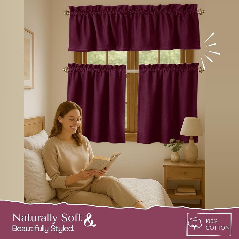 Native Fab 3 Piece Window Curtain Tiers 26"x36" and Valance 54"x18" Set - Rod Pocket - Semi Sheer - Half Curtain for Kitchen, Cafe, Living Room - Burgundy - Image 4
