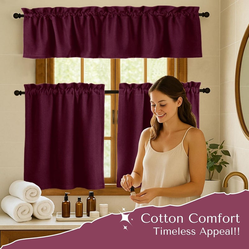 Native Fab 3 Piece Window Curtain Tiers 26"x36" and Valance 54"x18" Set - Rod Pocket - Semi Sheer - Half Curtain for Kitchen, Cafe, Living Room - Burgundy - Image 2
