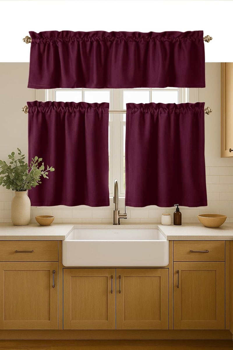 Native Fab 3 Piece Window Curtain Tiers 26"x36" and Valance 54"x18" Set - Rod Pocket - Semi Sheer - Half Curtain for Kitchen, Cafe, Living Room - Burgundy - Image 1
