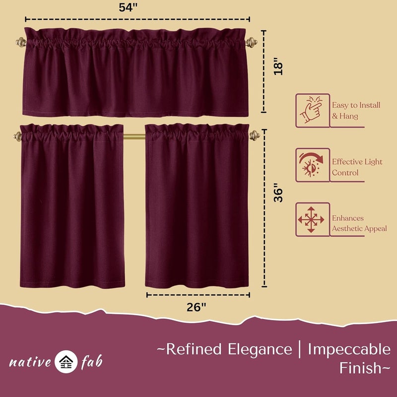 Native Fab 3 Piece Window Curtain Tiers 26"x36" and Valance 54"x18" Set - Rod Pocket - Semi Sheer - Half Curtain for Kitchen, Cafe, Living Room - Burgundy - Image 5