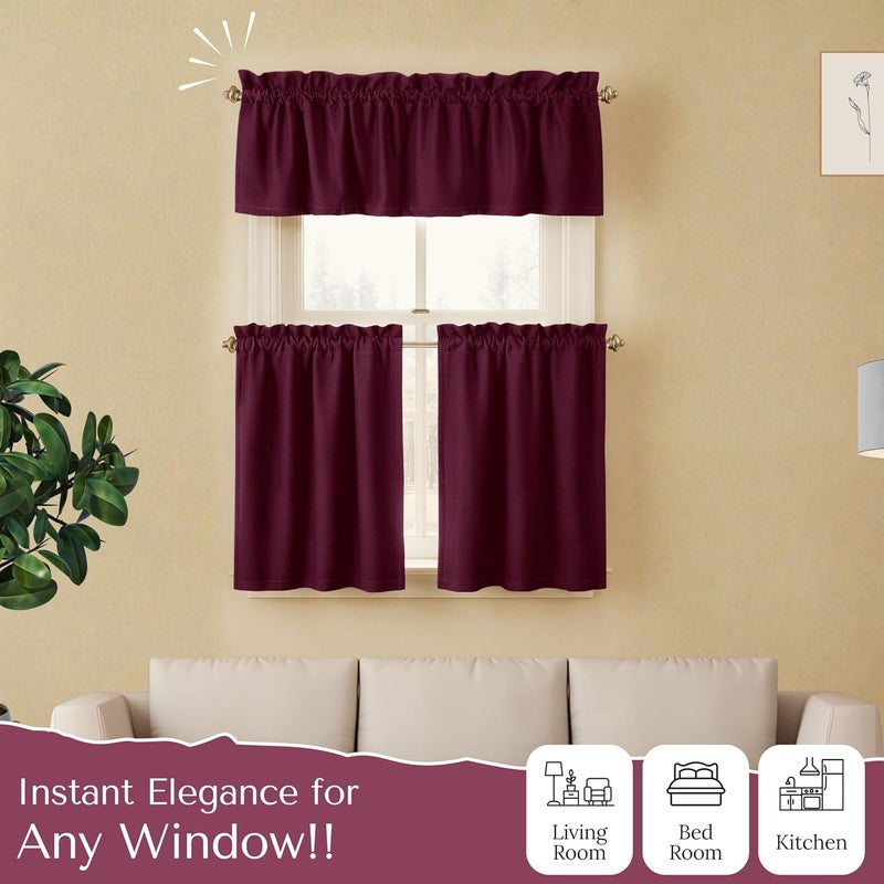 Native Fab 3 Piece Window Curtain Tiers 26"x36" and Valance 54"x18" Set - Rod Pocket - Semi Sheer - Half Curtain for Kitchen, Cafe, Living Room - Burgundy - Image 3