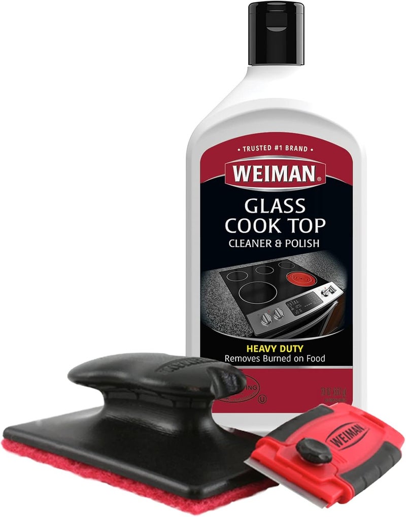 Weiman Glass Cooktop Cleaner Kit - Remove Burned on Food, Grease & Grime and Polish Stovetop, Ceramic & Induction, Streak Free, Cleaning Supplies, 20 Oz, Scrubbing Pad, Razor Scraper - Image 1