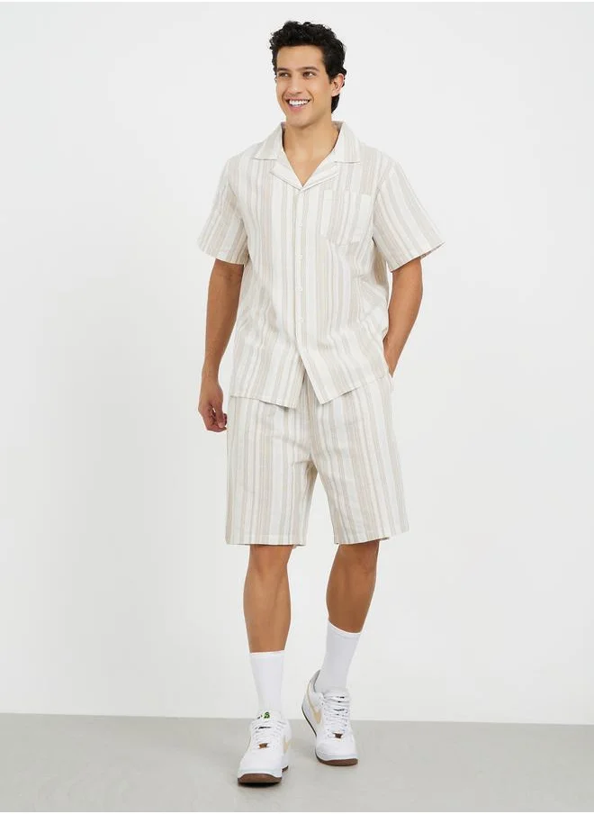 ستايلي Striped Revere Collar Shirt and Short Set