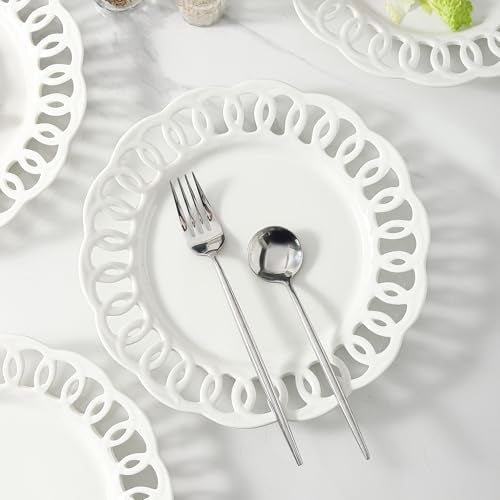 fMBB 4 Pack 10" Dinner Serving Plates with Lace Rim, New Bone Porcelain Round Tableware Plates with Unique Hollow Out Design Scolloped Edge, White Dishes for Daily Use or as an Excellent Plate Idea - Image 5