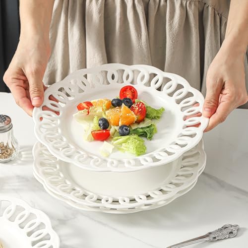 fMBB 4 Pack 10" Dinner Serving Plates with Lace Rim, New Bone Porcelain Round Tableware Plates with Unique Hollow Out Design Scolloped Edge, White Dishes for Daily Use or as an Excellent Plate Idea - Image 3