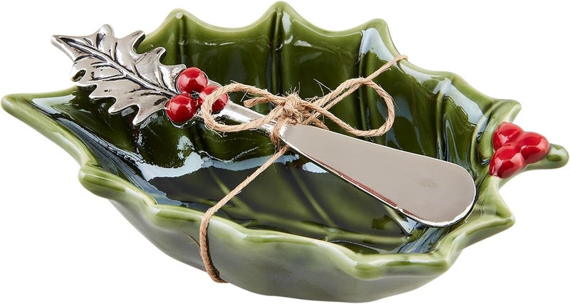 Mud Pie Holly Tidbit Set bowl 2 12 x 5 34  spreader 5 12 GREEN - Image 1