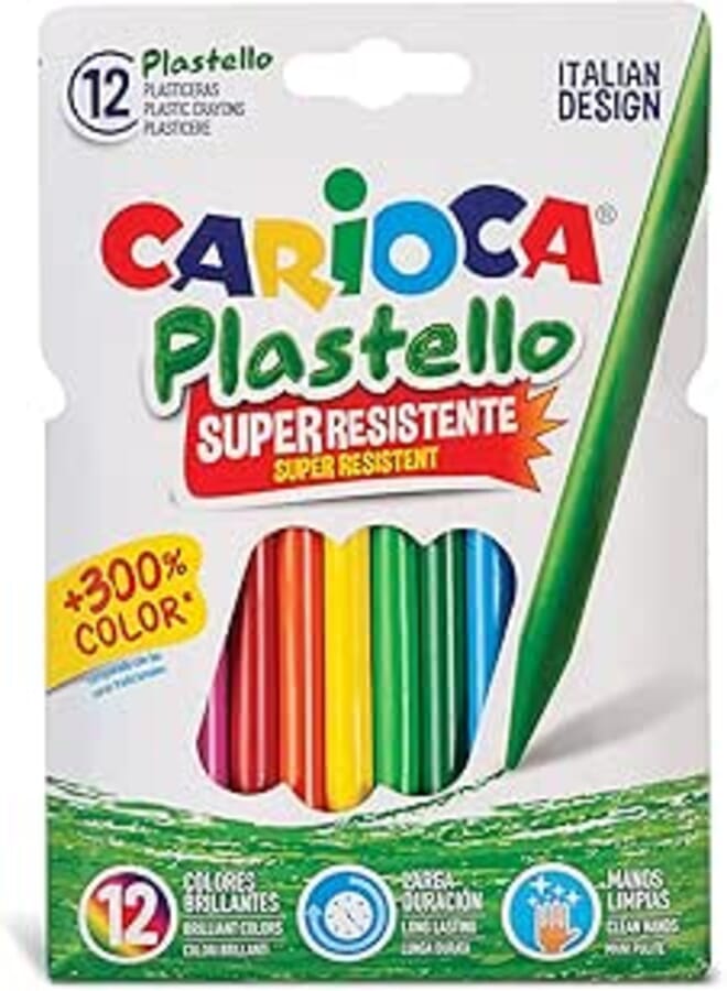 CARIOCA Plastello, Washable Wax Crayons for Children, Resistant, Assorted and Bright Colors, Easy to Temper, 12 Pieces