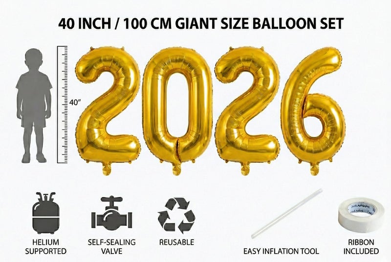 UniBro 2026 Happy New Year Balloons - 42 Inch Large Gold Foil Number Set (2,0,2,6) - Ideal for New Year's Eve Party Supplies, NYE Decorations & 2026 Graduation - Image 3