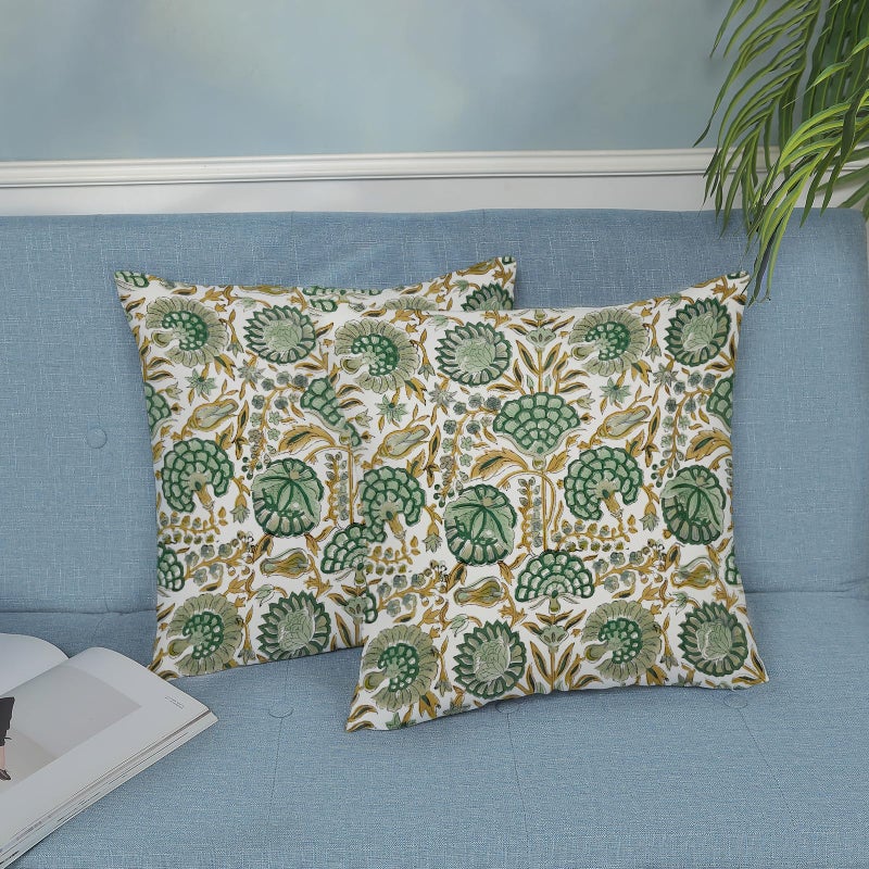 DAFENA Boho Pillow Covers 18x18 Inch 2 Pcs Sage Green Yellow Vintage Floral Decor Throw Pillows Retro Block Print Flower outdoor Farmhouse Decoration Cotton Pillowcase Cushion Cover for Couch Sofa Bed - Image 4