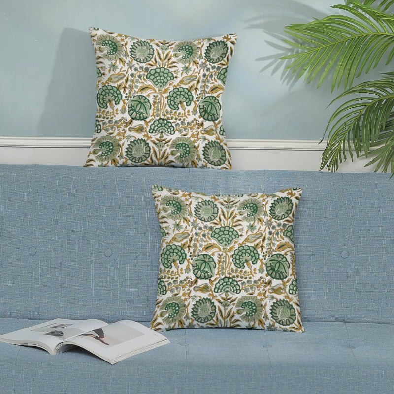 DAFENA Boho Pillow Covers 18x18 Inch 2 Pcs Sage Green Yellow Vintage Floral Decor Throw Pillows Retro Block Print Flower outdoor Farmhouse Decoration Cotton Pillowcase Cushion Cover for Couch Sofa Bed - Image 3
