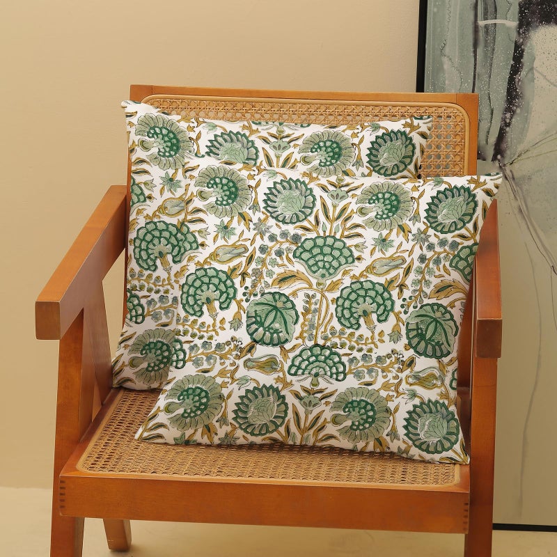 DAFENA Boho Pillow Covers 18x18 Inch 2 Pcs Sage Green Yellow Vintage Floral Decor Throw Pillows Retro Block Print Flower outdoor Farmhouse Decoration Cotton Pillowcase Cushion Cover for Couch Sofa Bed - Image 2