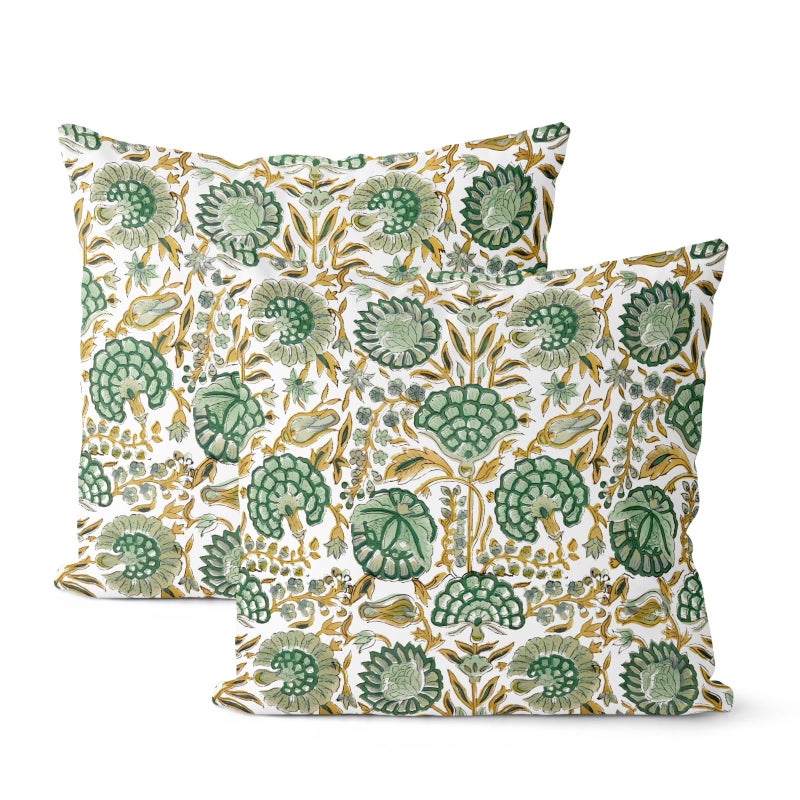 DAFENA Boho Pillow Covers 18x18 Inch 2 Pcs Sage Green Yellow Vintage Floral Decor Throw Pillows Retro Block Print Flower outdoor Farmhouse Decoration Cotton Pillowcase Cushion Cover for Couch Sofa Bed - Image 1