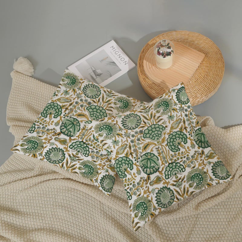 DAFENA Boho Pillow Covers 18x18 Inch 2 Pcs Sage Green Yellow Vintage Floral Decor Throw Pillows Retro Block Print Flower outdoor Farmhouse Decoration Cotton Pillowcase Cushion Cover for Couch Sofa Bed - Image 5