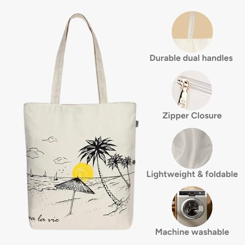 EcoRight Eco Right Aesthetic Canvas Tote Bag for Women with Zipper, Tote Bag for Beach, Grocery, Travel, Work, Gym, Daily Use - Image 4