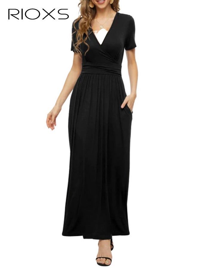 ريوكس فستان طويل بأكمام قصيرة ورقبة على شكل V عميق للنساء، فستان طويل بخصر عالٍ على شكل A للسيدات، فستان صيفي فضفاض وعادي مع جيب، مناسب للعطلات والمواعيد والرحلات والارتداء اليومي، أسود - Image 1