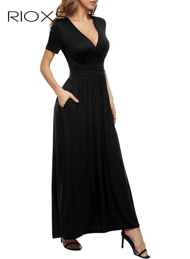 ريوكس فستان طويل بأكمام قصيرة ورقبة على شكل V عميق للنساء، فستان طويل بخصر عالٍ على شكل A للسيدات، فستان صيفي فضفاض وعادي مع جيب، مناسب للعطلات والمواعيد والرحلات والارتداء اليومي، أسود - Image 4