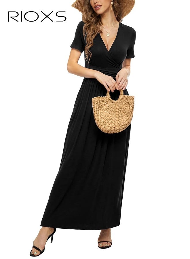 ريوكس فستان طويل بأكمام قصيرة ورقبة على شكل V عميق للنساء، فستان طويل بخصر عالٍ على شكل A للسيدات، فستان صيفي فضفاض وعادي مع جيب، مناسب للعطلات والمواعيد والرحلات والارتداء اليومي، أسود - Image 3
