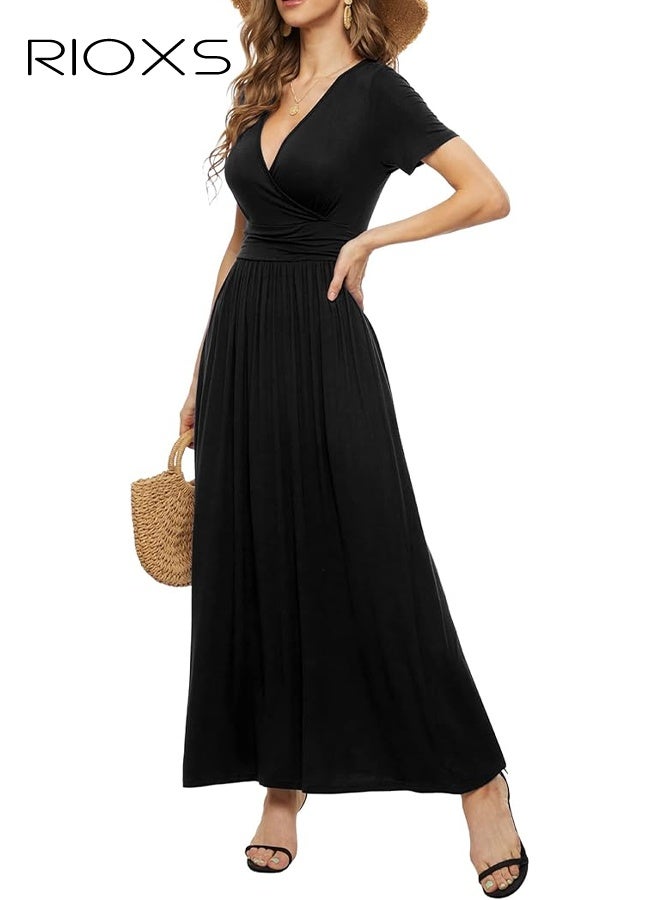 ريوكس فستان طويل بأكمام قصيرة ورقبة على شكل V عميق للنساء، فستان طويل بخصر عالٍ على شكل A للسيدات، فستان صيفي فضفاض وعادي مع جيب، مناسب للعطلات والمواعيد والرحلات والارتداء اليومي، أسود - Image 2