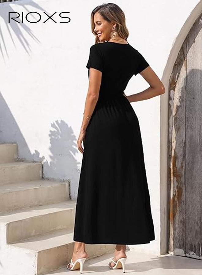 ريوكس فستان طويل بأكمام قصيرة ورقبة على شكل V عميق للنساء، فستان طويل بخصر عالٍ على شكل A للسيدات، فستان صيفي فضفاض وعادي مع جيب، مناسب للعطلات والمواعيد والرحلات والارتداء اليومي، أسود - Image 5